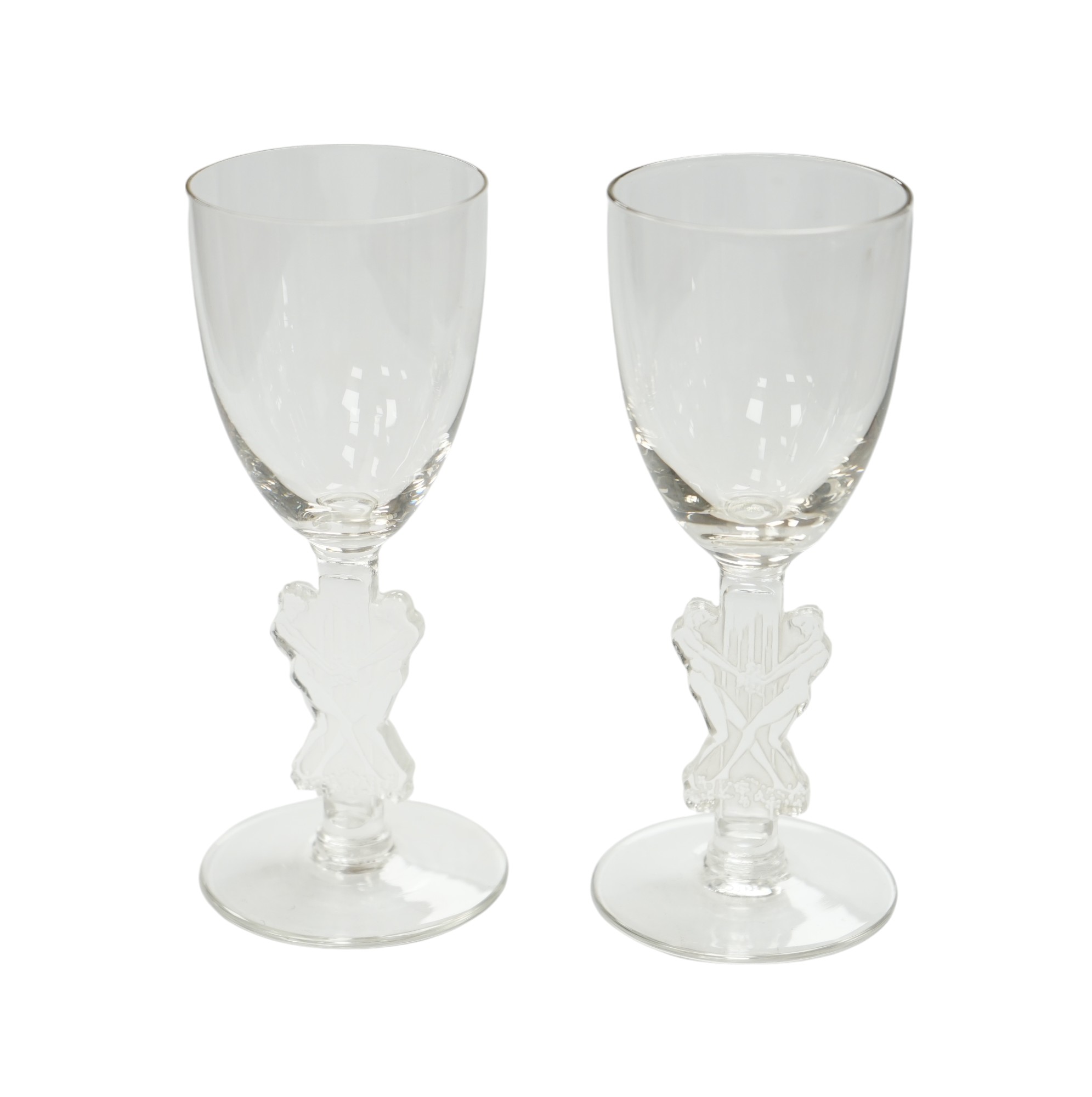 Two rare R. Lalique ‘Strasbourg’ liqueur glasses, signed, Marcillac 5086, height 11.5cm. Condition - good